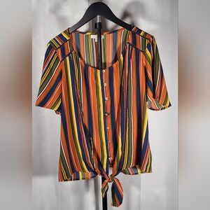 Colorful Striped Button-Down Tie-Front Shirt